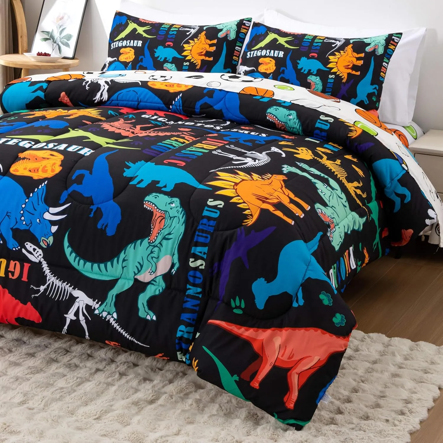 Btargot Black Kids Full Cartoon Dinosaur Comforter Set 5 Piece Dino Alphabet Reversible Bedding Set for Boys Girls Bed in a Bag