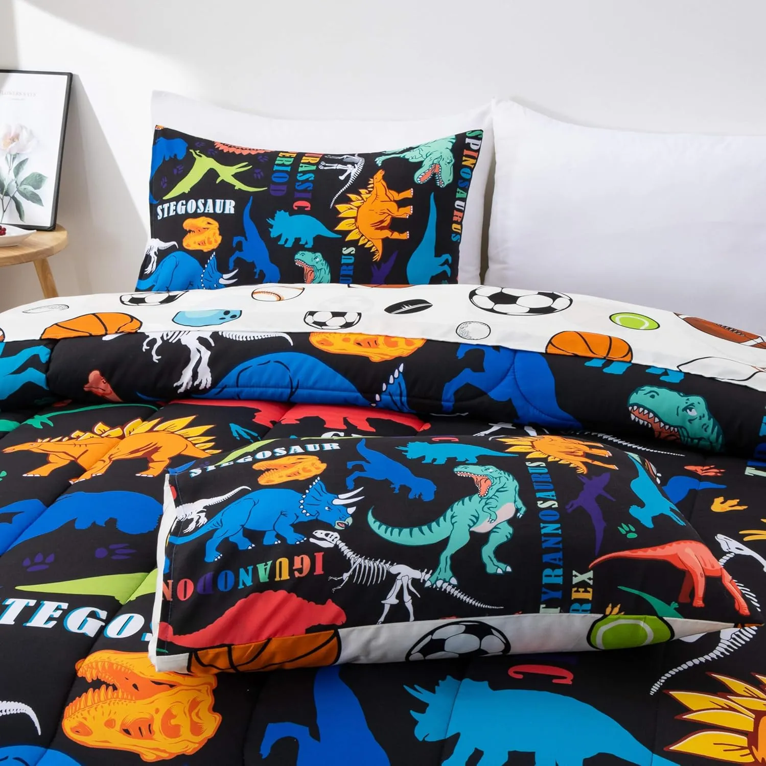 Btargot Black Kids Full Cartoon Dinosaur Comforter Set 5 Piece Dino Alphabet Reversible Bedding Set for Boys Girls Bed in a Bag