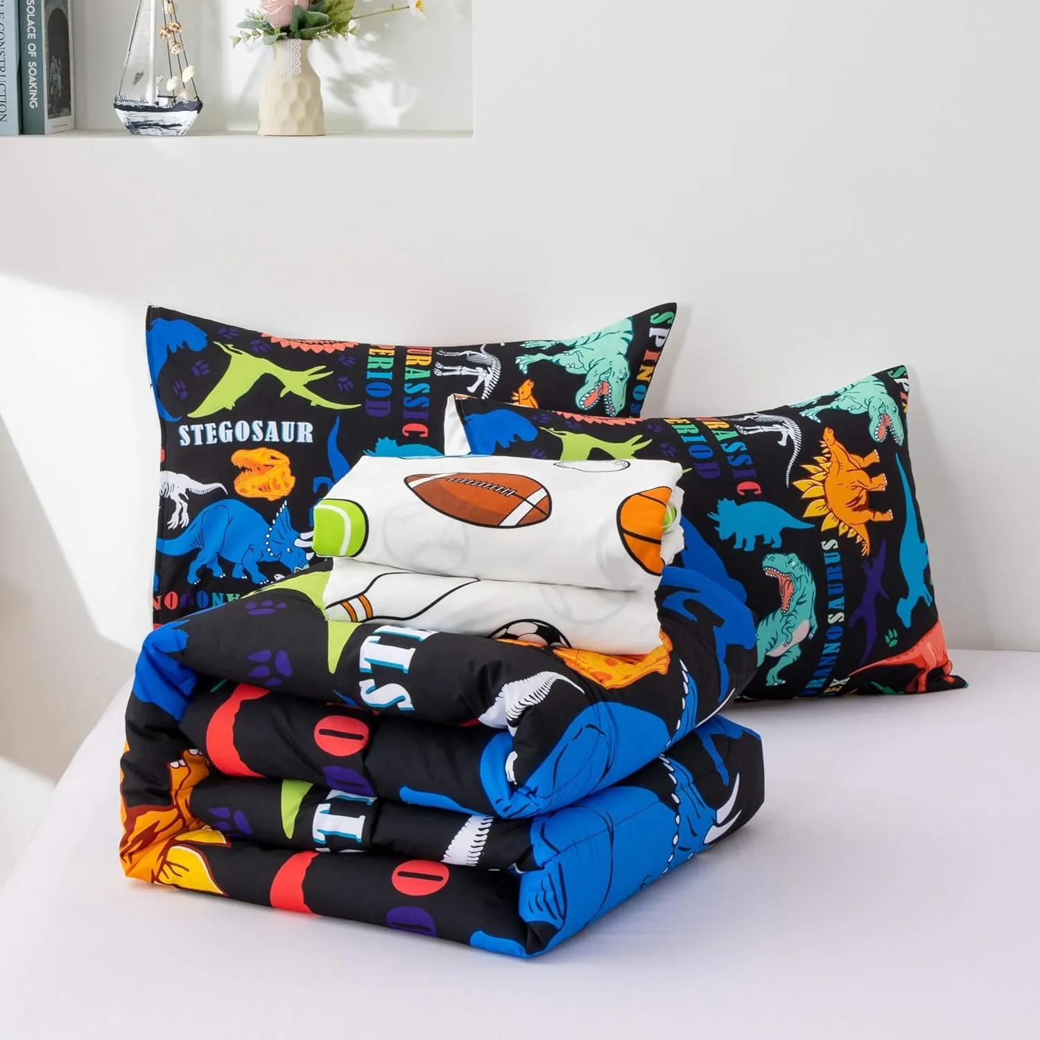 Btargot Black Kids Full Cartoon Dinosaur Comforter Set 5 Piece Dino Alphabet Reversible Bedding Set for Boys Girls Bed in a Bag