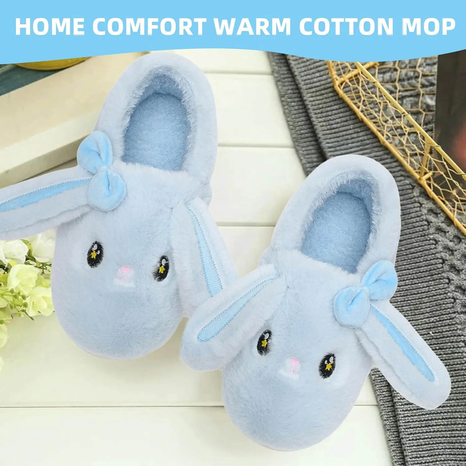 Bunny Cute Toddler Slippers for Girls Women, Fluffy Warm House Slippers for Kids Indoor Outdoor, Non Slip Comfy Memory Foam Closed Back Home Shoes