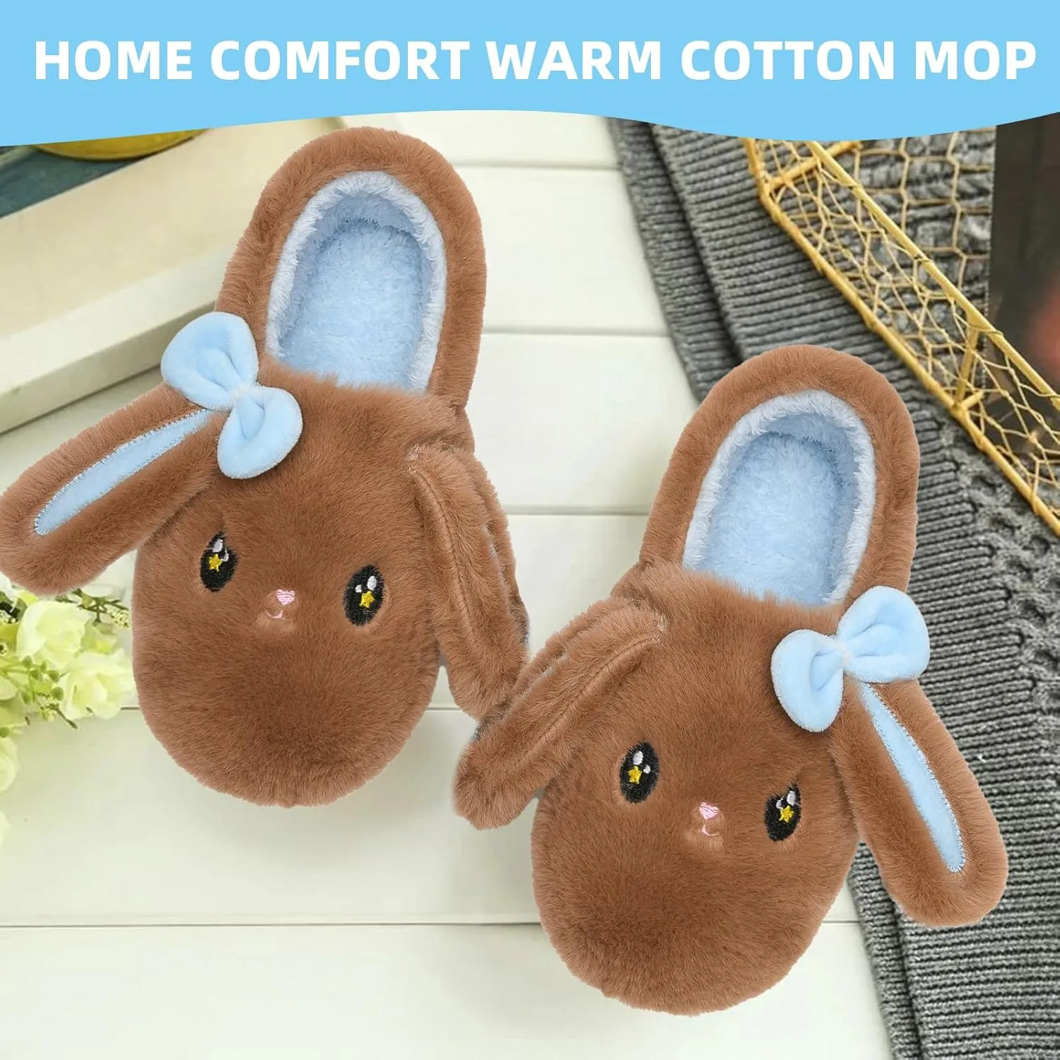 Bunny Cute Toddler Slippers for Girls Women, Fluffy Warm House Slippers for Kids Indoor Outdoor, Non Slip Comfy Memory Foam Closed Back Home Shoes