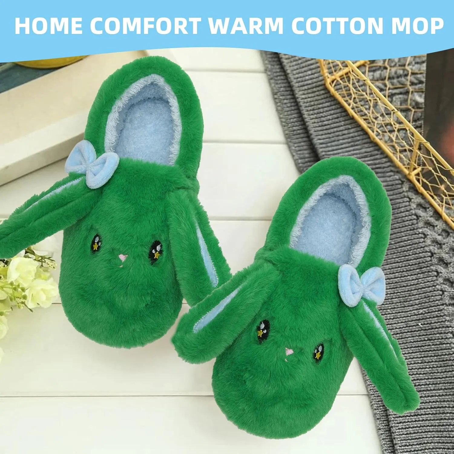 Bunny Cute Toddler Slippers for Girls Women, Fluffy Warm House Slippers for Kids Indoor Outdoor, Non Slip Comfy Memory Foam Closed Back Home Shoes