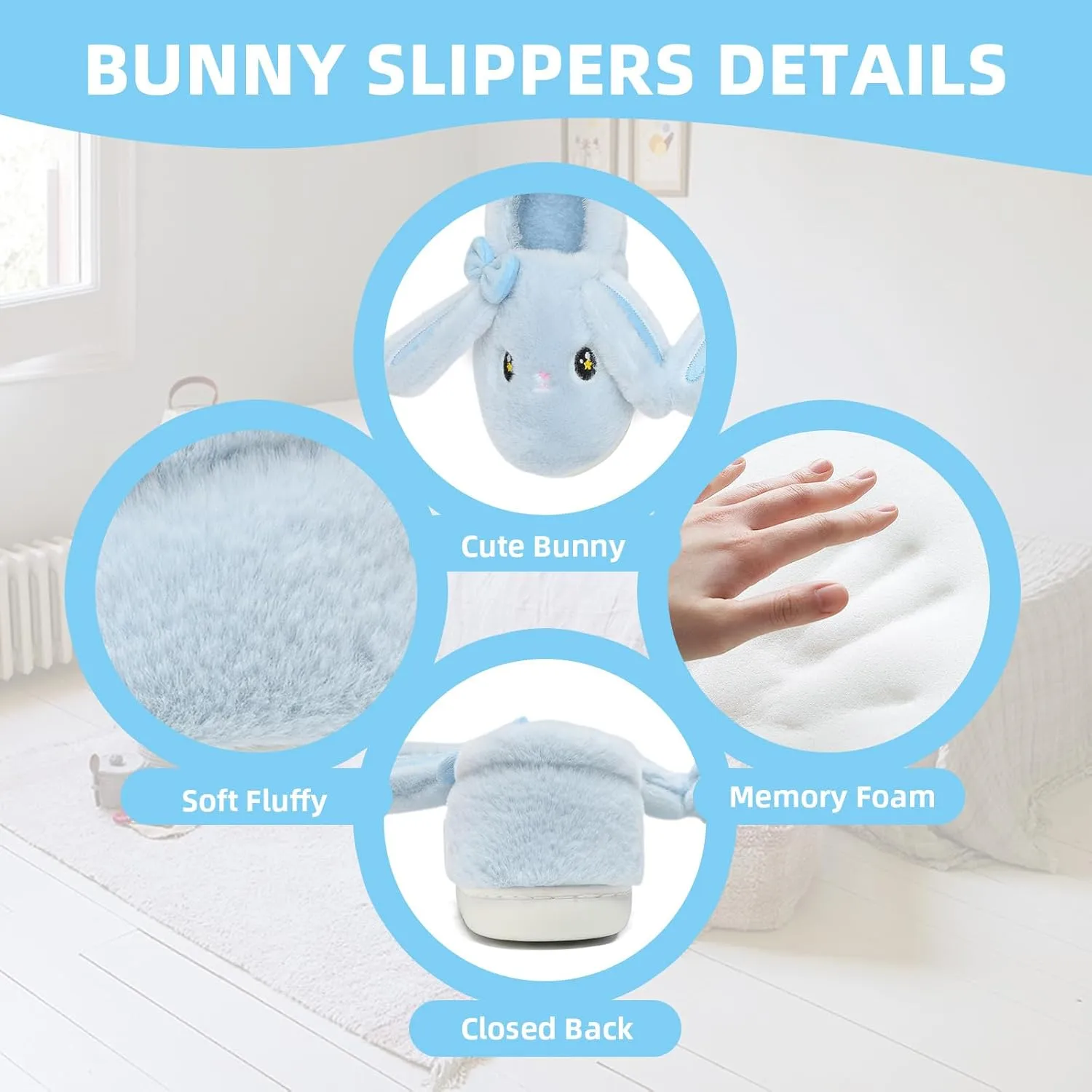 Bunny Cute Toddler Slippers for Girls Women, Fluffy Warm House Slippers for Kids Indoor Outdoor, Non Slip Comfy Memory Foam Closed Back Home Shoes