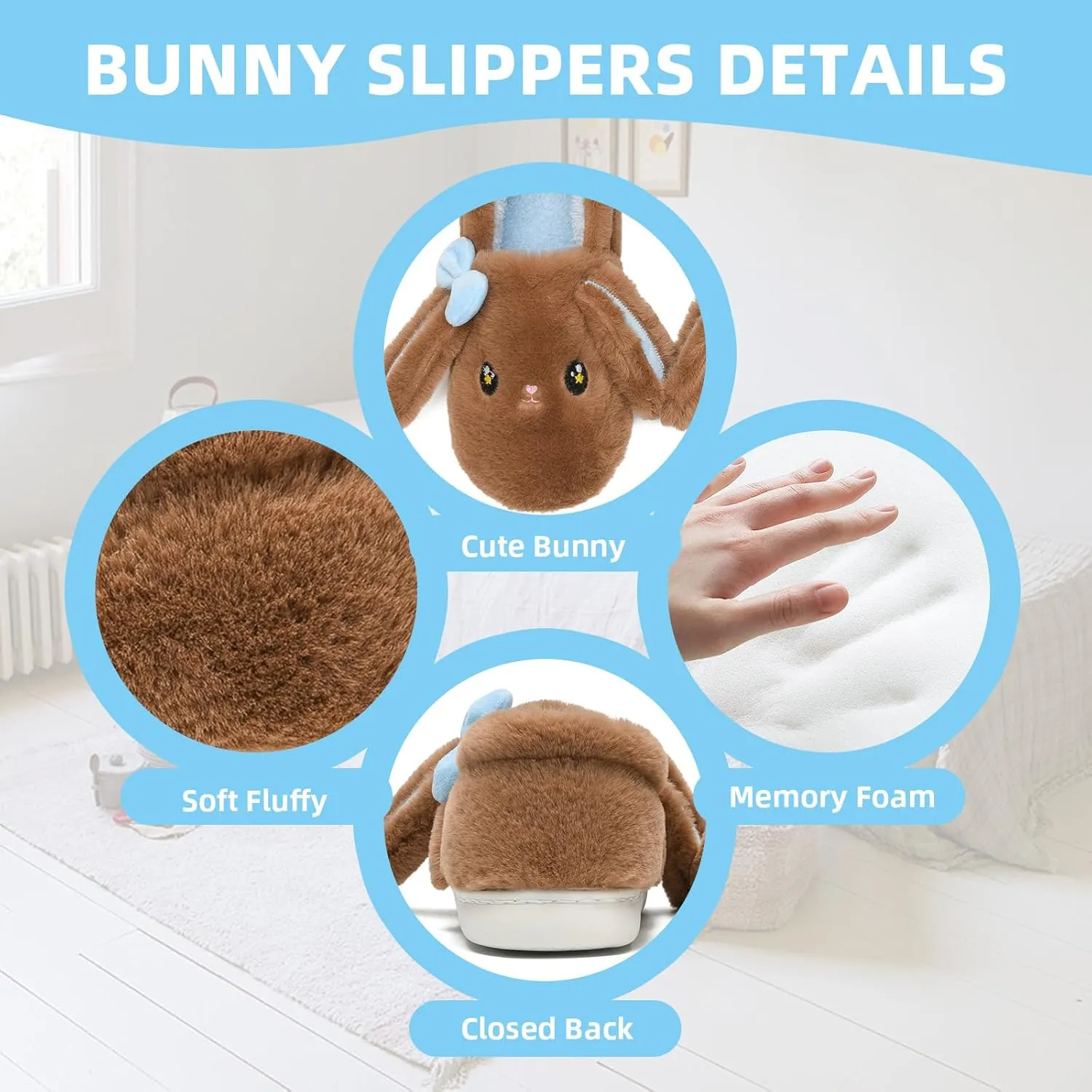 Bunny Cute Toddler Slippers for Girls Women, Fluffy Warm House Slippers for Kids Indoor Outdoor, Non Slip Comfy Memory Foam Closed Back Home Shoes