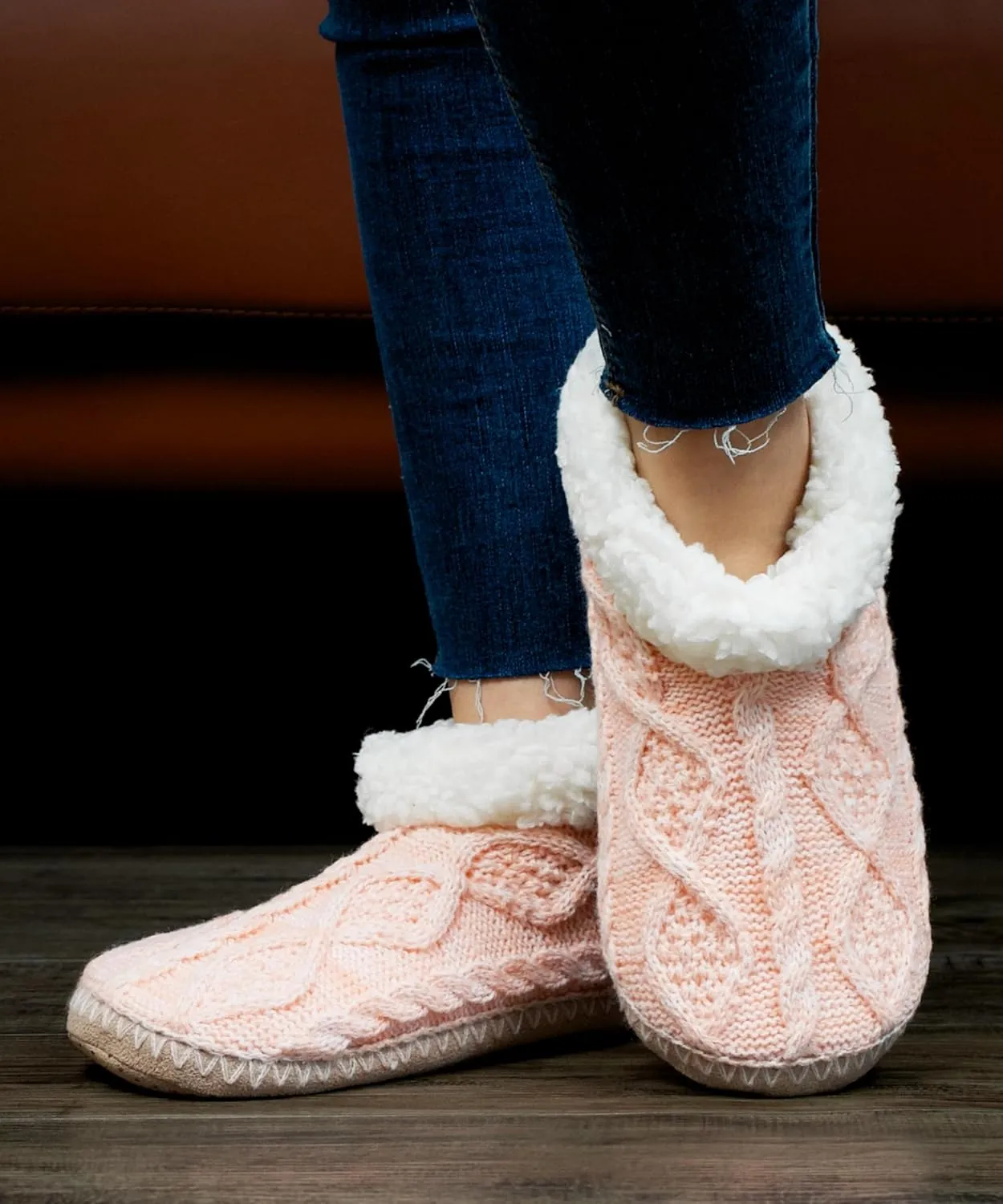 Cable Knit House Slippers for Women Indoor, Sherpa Fleece Lined Soft Loafer Shoes, Winter Warm Fluffy Bedroom Fuzzy Socks Non-slip Grippers, Cozy Gifts Unique