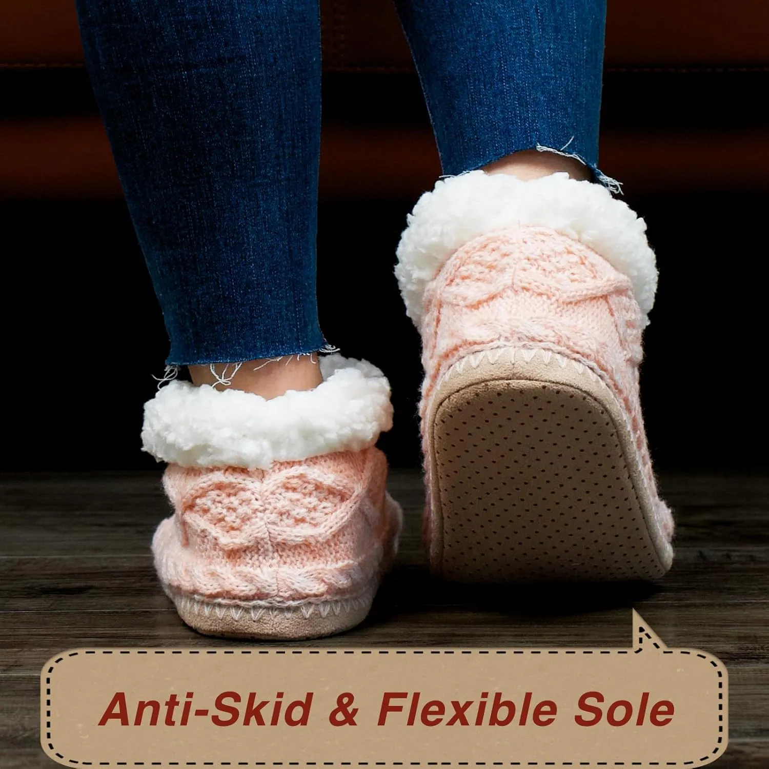 Cable Knit House Slippers for Women Indoor, Sherpa Fleece Lined Soft Loafer Shoes, Winter Warm Fluffy Bedroom Fuzzy Socks Non-slip Grippers, Cozy Gifts Unique