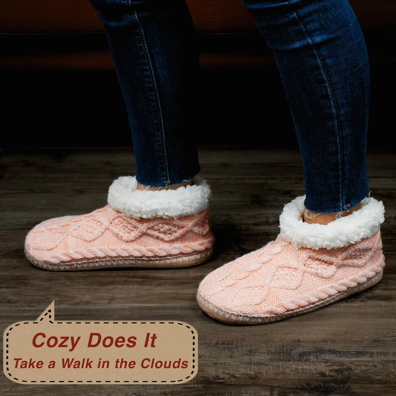 Cable Knit House Slippers for Women Indoor, Sherpa Fleece Lined Soft Loafer Shoes, Winter Warm Fluffy Bedroom Fuzzy Socks Non-slip Grippers, Cozy Gifts Unique