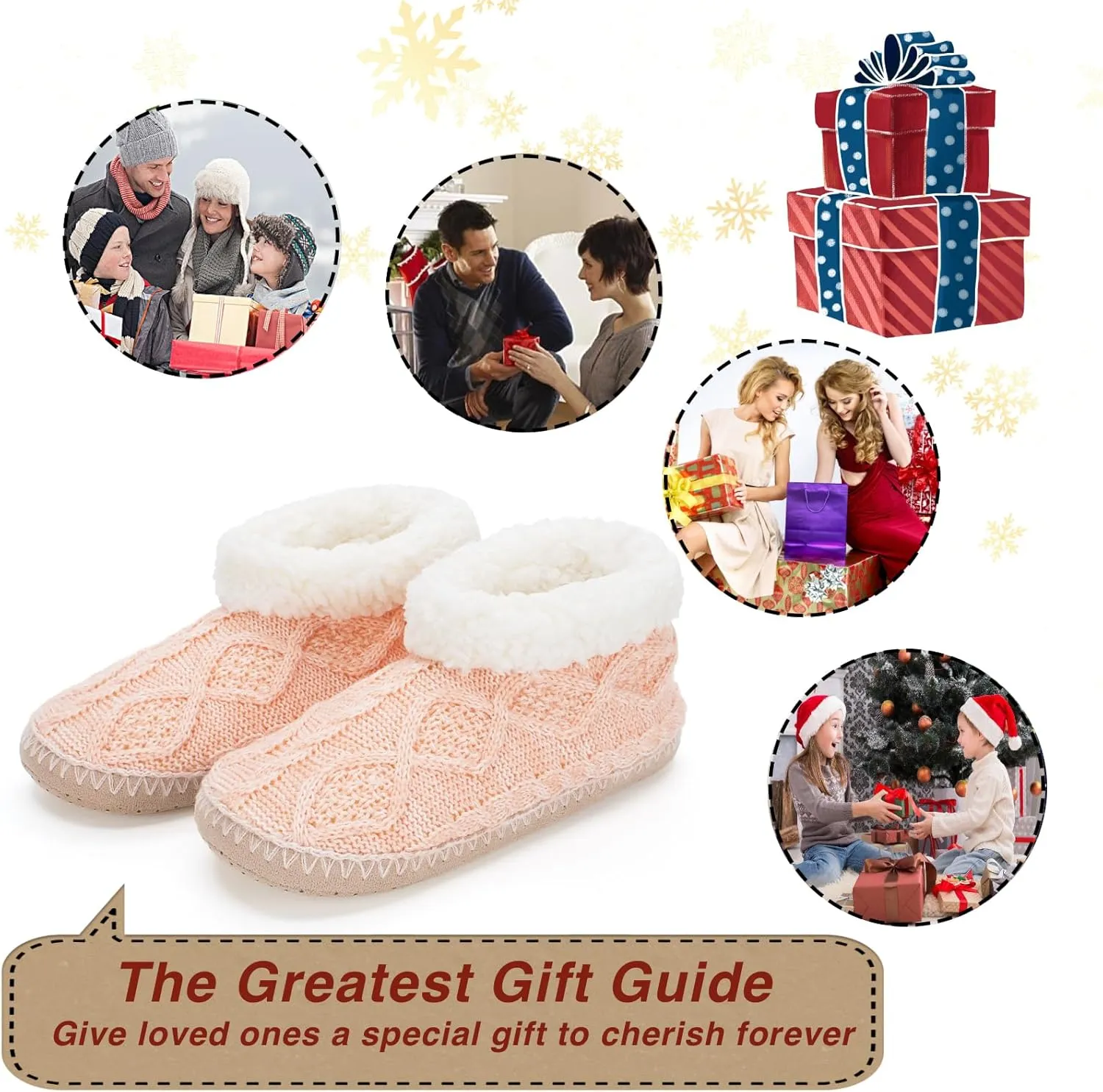 Cable Knit House Slippers for Women Indoor, Sherpa Fleece Lined Soft Loafer Shoes, Winter Warm Fluffy Bedroom Fuzzy Socks Non-slip Grippers, Cozy Gifts Unique