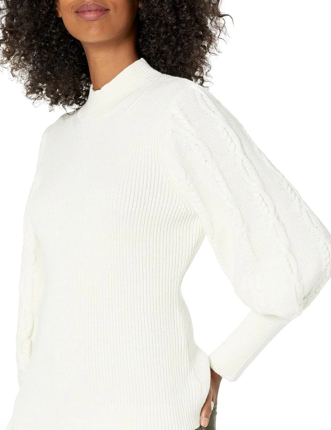 Cable Stitch Women's Cable Sleeve Ribbed Sweater - Mock Neck Long Blouson Lantern Sleeve Pullover Top