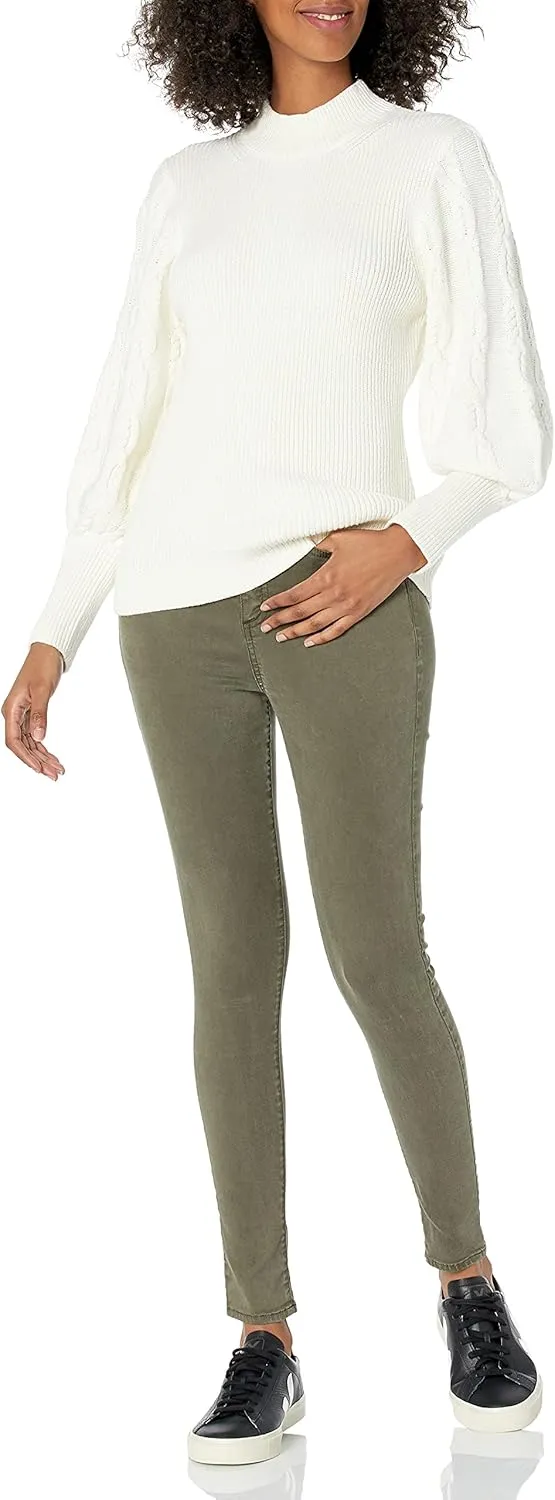 Cable Stitch Women's Cable Sleeve Ribbed Sweater - Mock Neck Long Blouson Lantern Sleeve Pullover Top