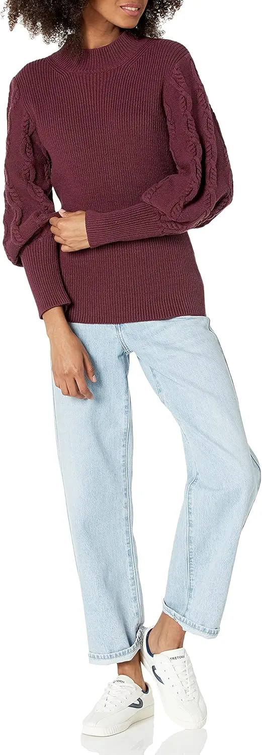 Cable Stitch Women's Cable Sleeve Ribbed Sweater - Mock Neck Long Blouson Lantern Sleeve Pullover Top