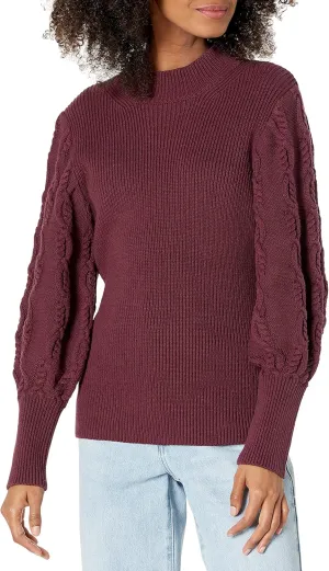 Cable Stitch Women's Cable Sleeve Ribbed Sweater - Mock Neck Long Blouson Lantern Sleeve Pullover Top