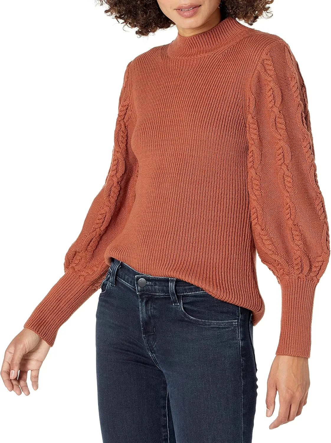 Cable Stitch Women's Cable Sleeve Ribbed Sweater - Mock Neck Long Blouson Lantern Sleeve Pullover Top