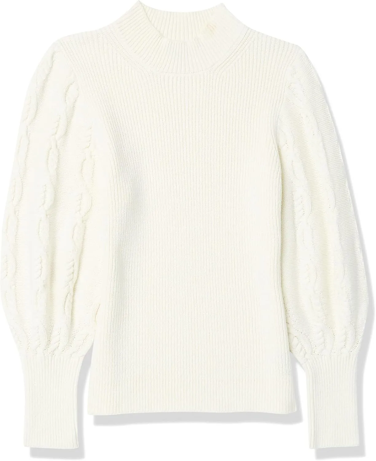 Cable Stitch Women's Cable Sleeve Ribbed Sweater - Mock Neck Long Blouson Lantern Sleeve Pullover Top