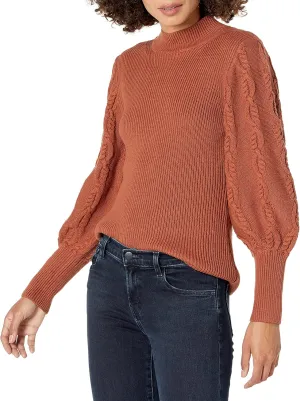 Cable Stitch Women's Cable Sleeve Ribbed Sweater - Mock Neck Long Blouson Lantern Sleeve Pullover Top