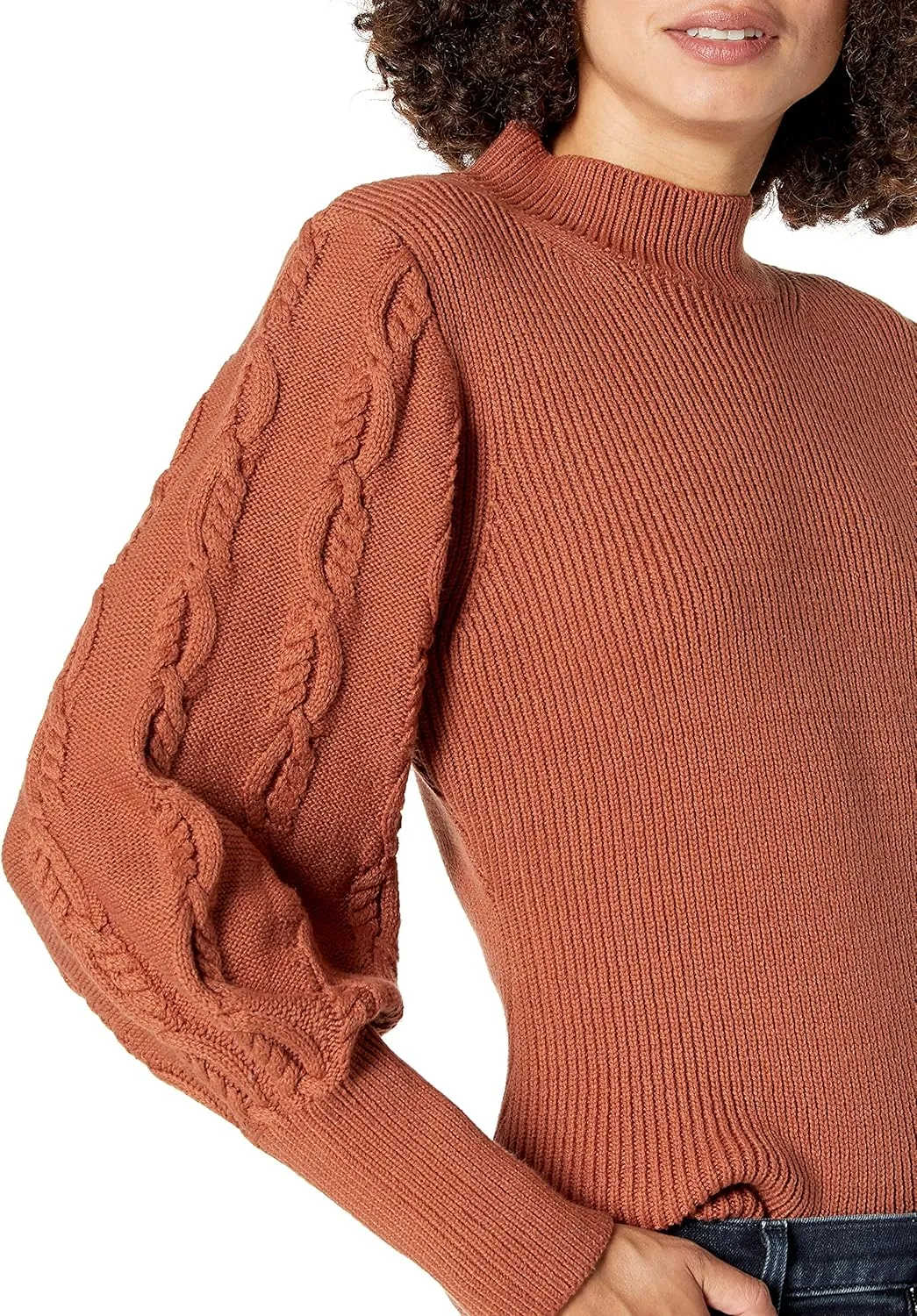 Cable Stitch Women's Cable Sleeve Ribbed Sweater - Mock Neck Long Blouson Lantern Sleeve Pullover Top