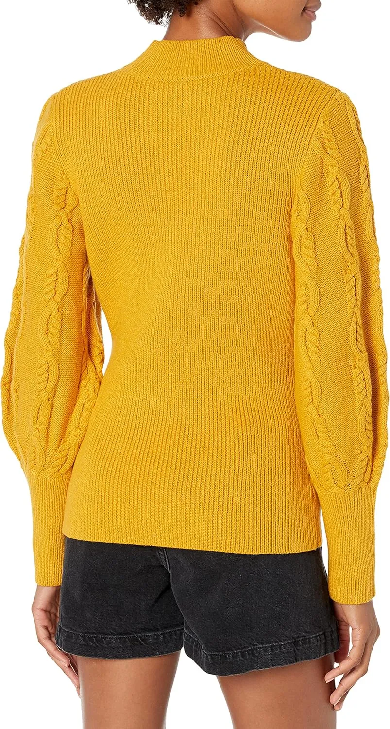 Cable Stitch Women's Cable Sleeve Ribbed Sweater - Mock Neck Long Blouson Lantern Sleeve Pullover Top