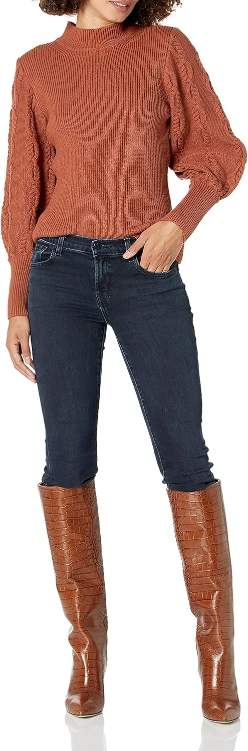 Cable Stitch Women's Cable Sleeve Ribbed Sweater - Mock Neck Long Blouson Lantern Sleeve Pullover Top