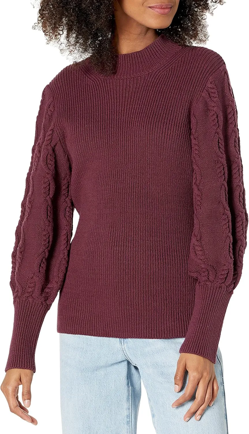 Cable Stitch Women's Cable Sleeve Ribbed Sweater - Mock Neck Long Blouson Lantern Sleeve Pullover Top