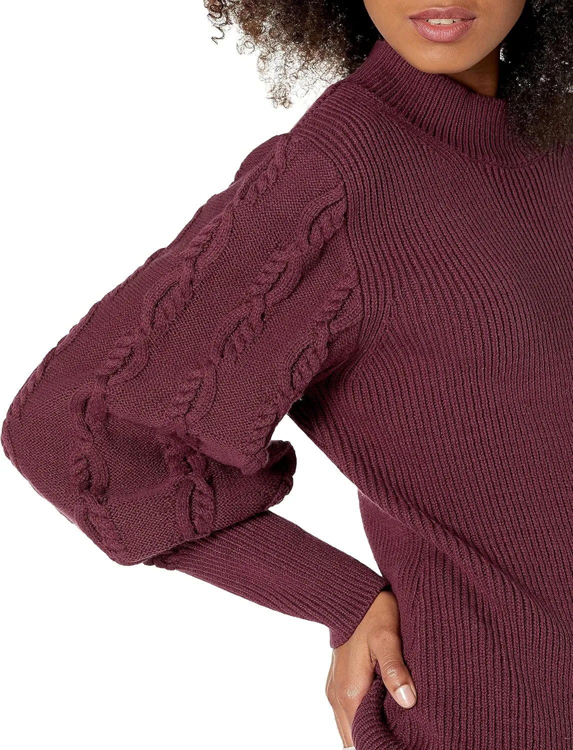 Cable Stitch Women's Cable Sleeve Ribbed Sweater - Mock Neck Long Blouson Lantern Sleeve Pullover Top