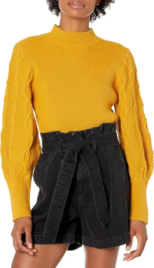 Cable Stitch Women's Cable Sleeve Ribbed Sweater - Mock Neck Long Blouson Lantern Sleeve Pullover Top