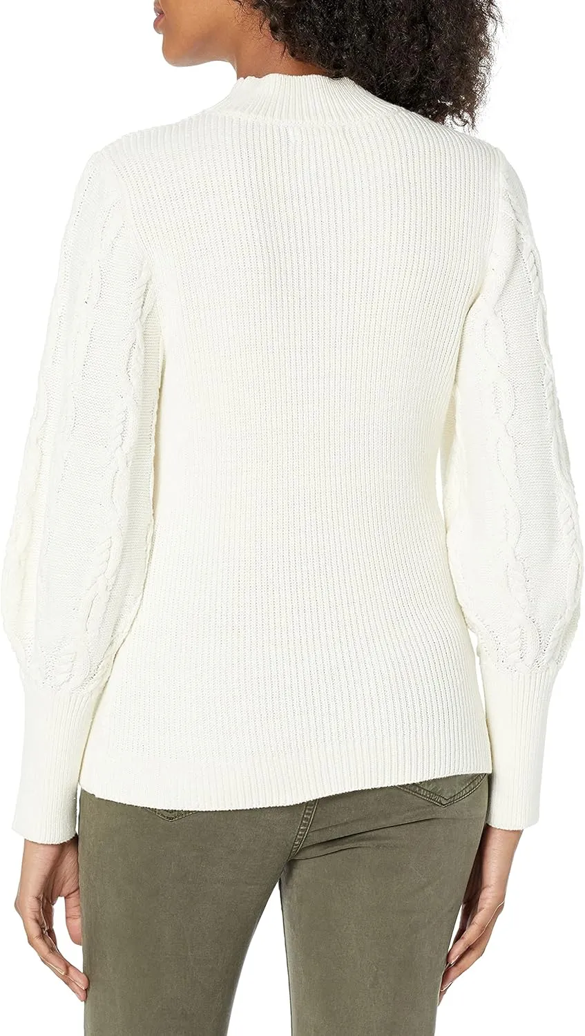 Cable Stitch Women's Cable Sleeve Ribbed Sweater - Mock Neck Long Blouson Lantern Sleeve Pullover Top