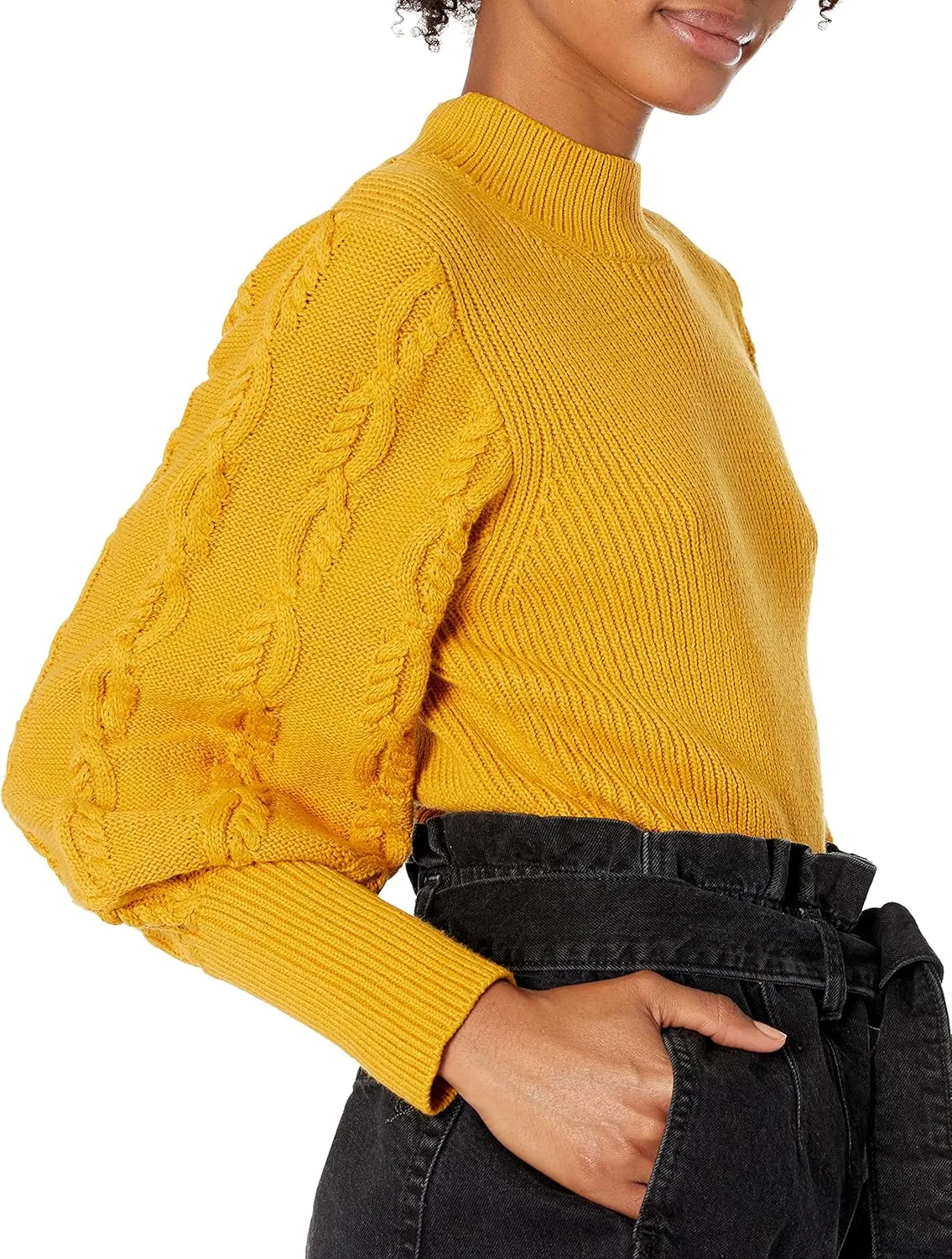 Cable Stitch Women's Cable Sleeve Ribbed Sweater - Mock Neck Long Blouson Lantern Sleeve Pullover Top