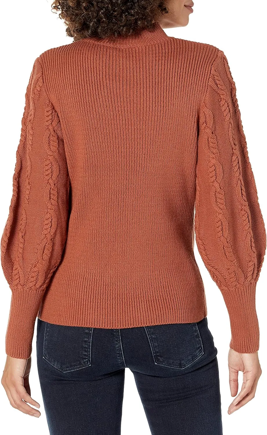 Cable Stitch Women's Cable Sleeve Ribbed Sweater - Mock Neck Long Blouson Lantern Sleeve Pullover Top