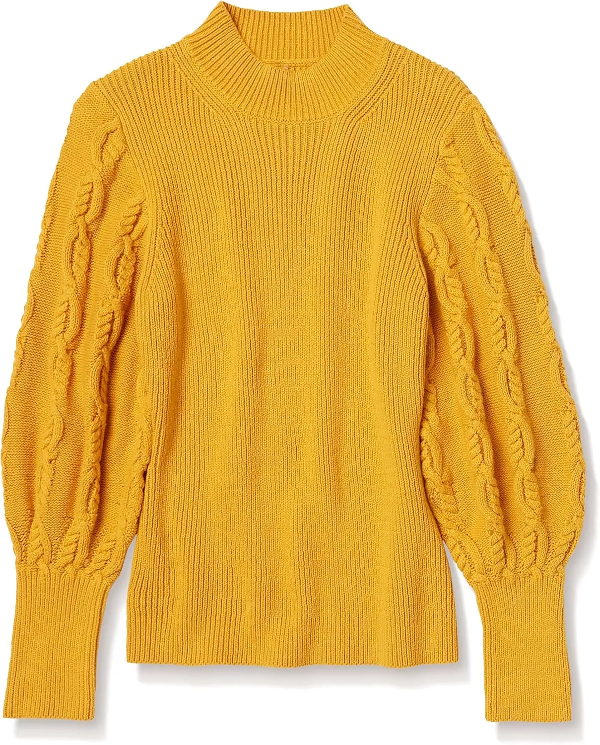 Cable Stitch Women's Cable Sleeve Ribbed Sweater - Mock Neck Long Blouson Lantern Sleeve Pullover Top