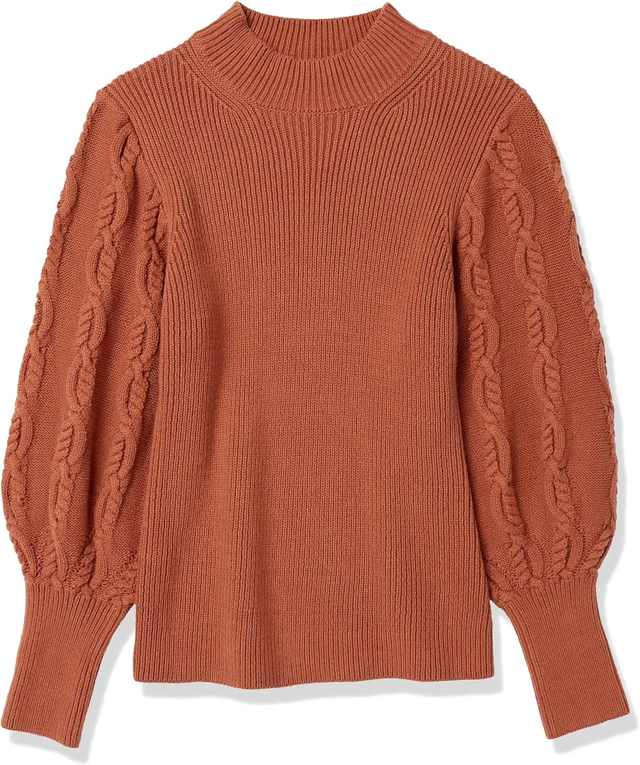 Cable Stitch Women's Cable Sleeve Ribbed Sweater - Mock Neck Long Blouson Lantern Sleeve Pullover Top