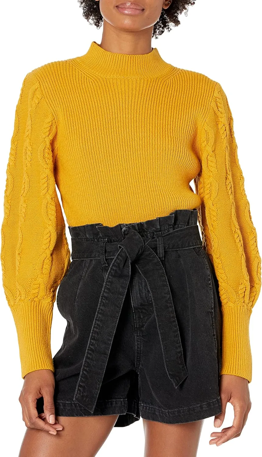 Cable Stitch Women's Cable Sleeve Ribbed Sweater - Mock Neck Long Blouson Lantern Sleeve Pullover Top