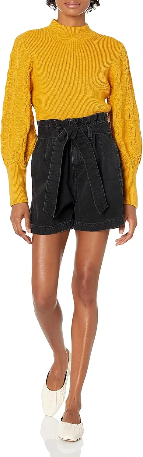 Cable Stitch Women's Cable Sleeve Ribbed Sweater - Mock Neck Long Blouson Lantern Sleeve Pullover Top