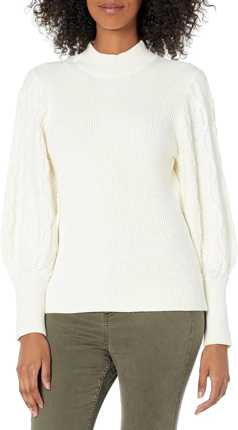 Cable Stitch Women's Cable Sleeve Ribbed Sweater - Mock Neck Long Blouson Lantern Sleeve Pullover Top