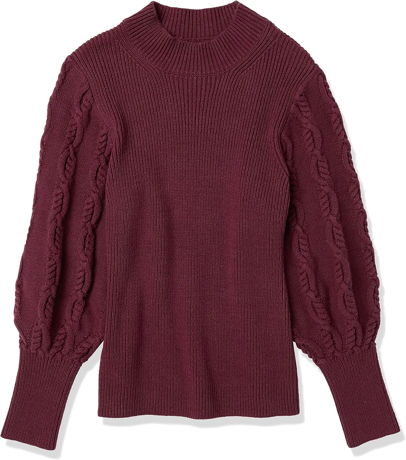 Cable Stitch Women's Cable Sleeve Ribbed Sweater - Mock Neck Long Blouson Lantern Sleeve Pullover Top