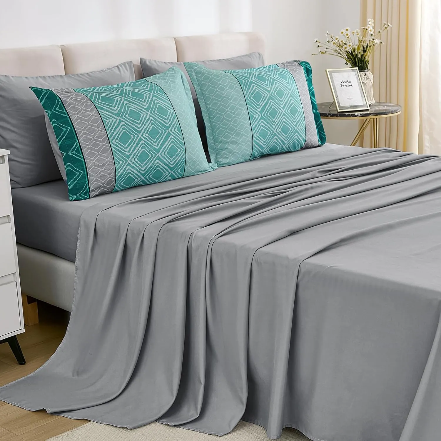 California King Comforter Set Size, Teal Cal King Bed in a Bag Boho Bedding Sets 7 Pieces Striped Oversized Bed Set with Comforters, Sheets, Pillowcases & Shams for Summer Spring