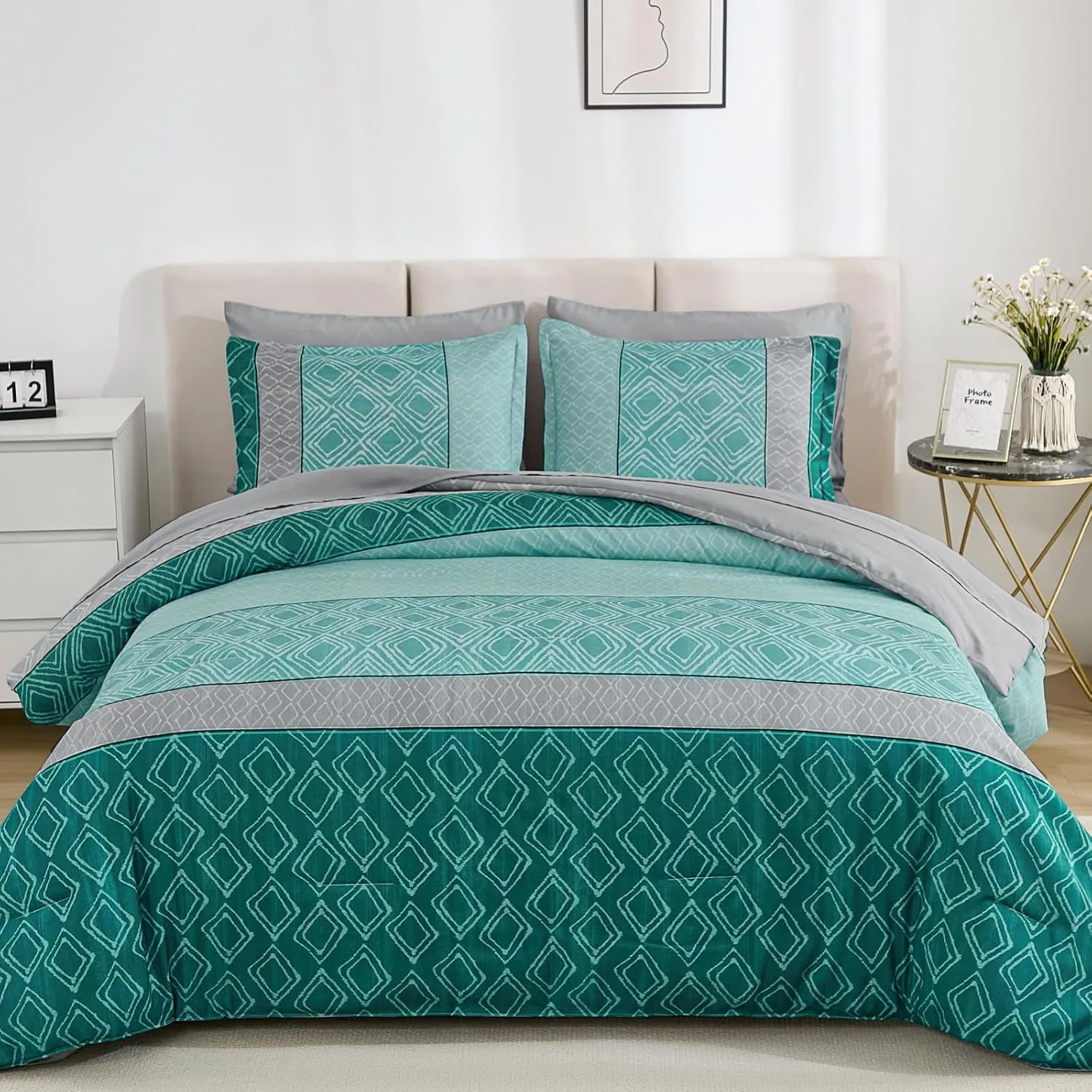 California King Comforter Set Size, Teal Cal King Bed in a Bag Boho Bedding Sets 7 Pieces Striped Oversized Bed Set with Comforters, Sheets, Pillowcases & Shams for Summer Spring