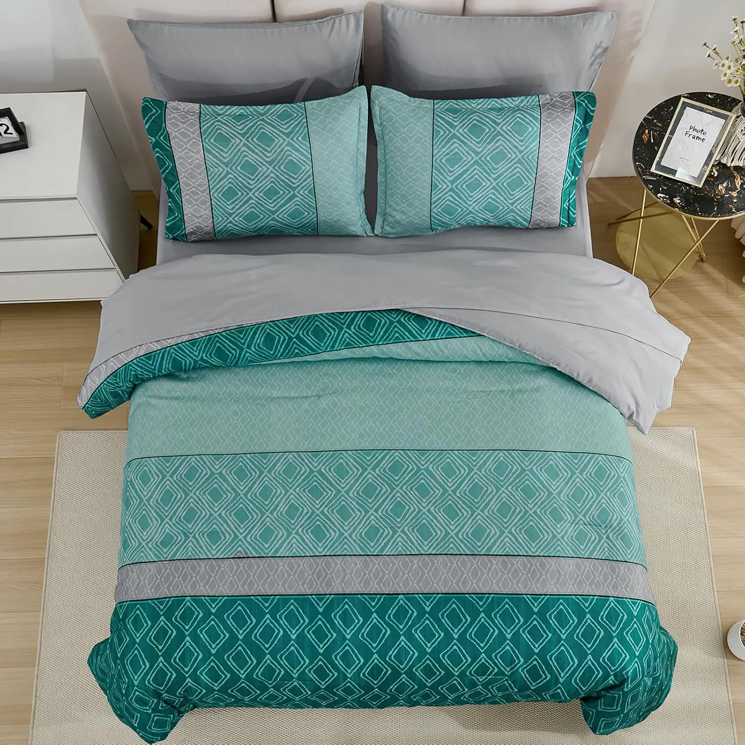 California King Comforter Set Size, Teal Cal King Bed in a Bag Boho Bedding Sets 7 Pieces Striped Oversized Bed Set with Comforters, Sheets, Pillowcases & Shams for Summer Spring