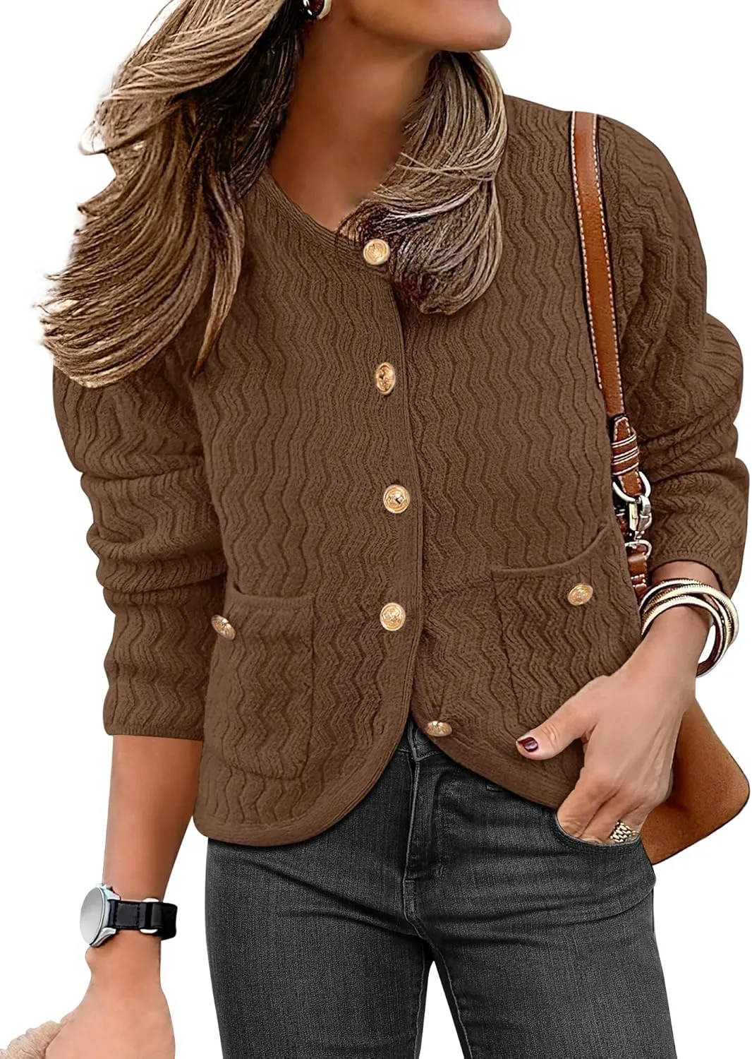 Caracilia Women's Cropped Cardigan Sweaters Open Front Button Down Dressy Casual Classic Knit Lady Jackets Spring Outerwear