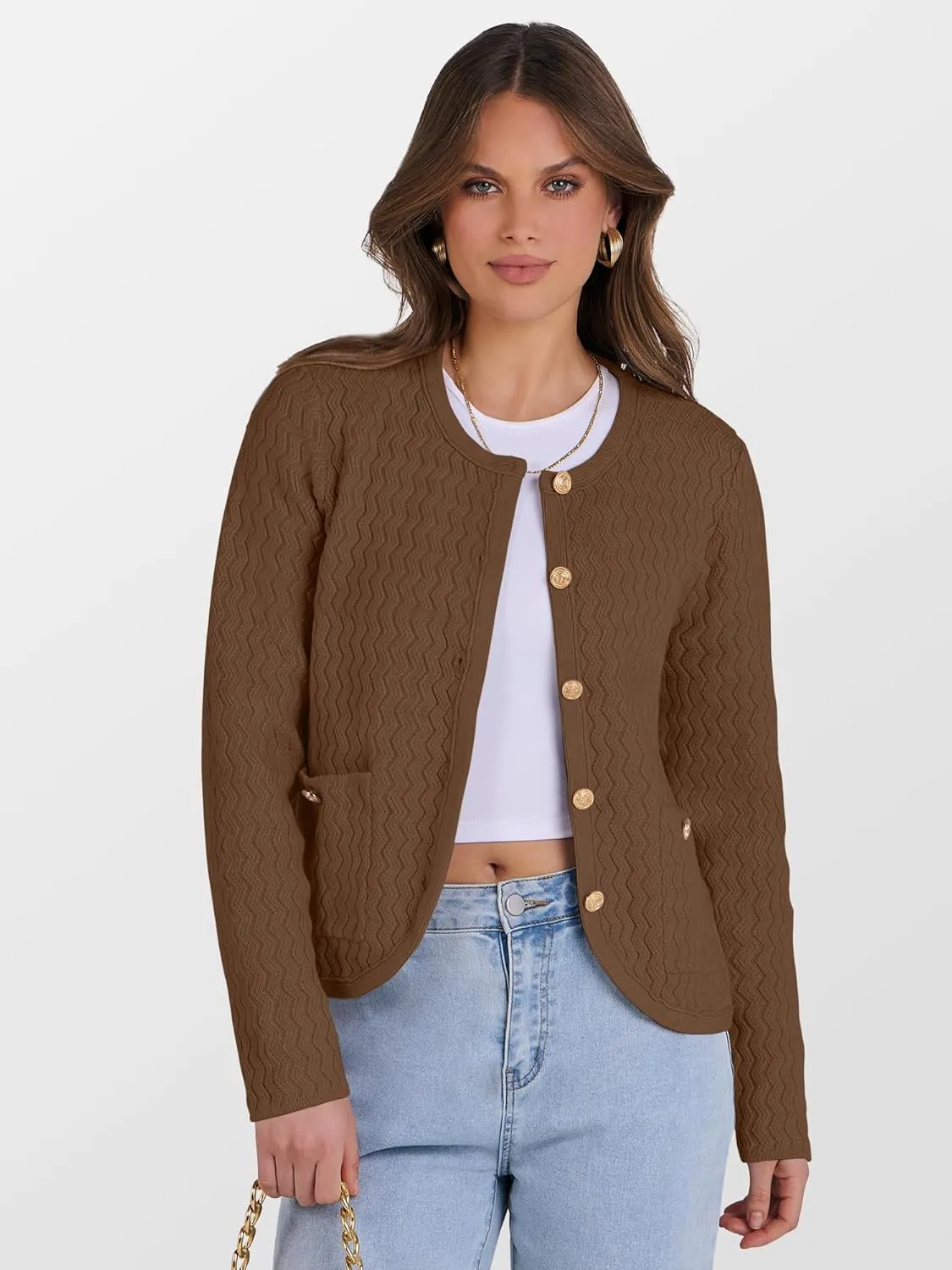 Caracilia Women's Cropped Cardigan Sweaters Open Front Button Down Dressy Casual Classic Knit Lady Jackets Spring Outerwear
