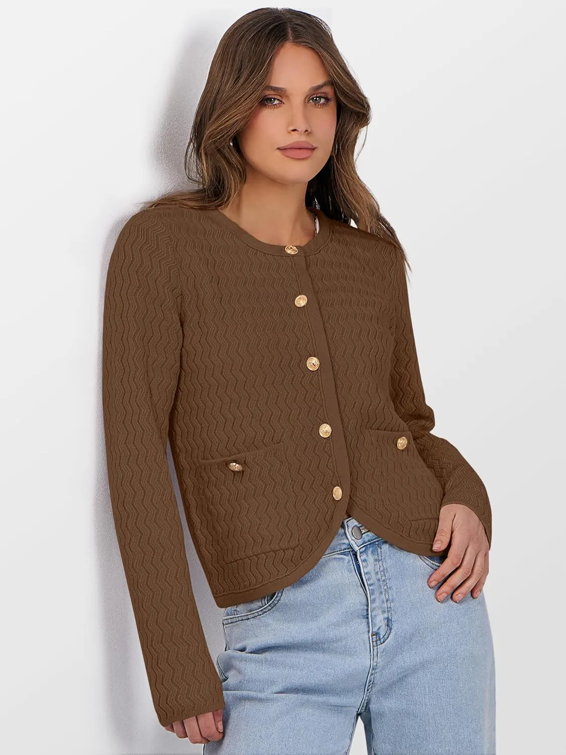 Caracilia Women's Cropped Cardigan Sweaters Open Front Button Down Dressy Casual Classic Knit Lady Jackets Spring Outerwear