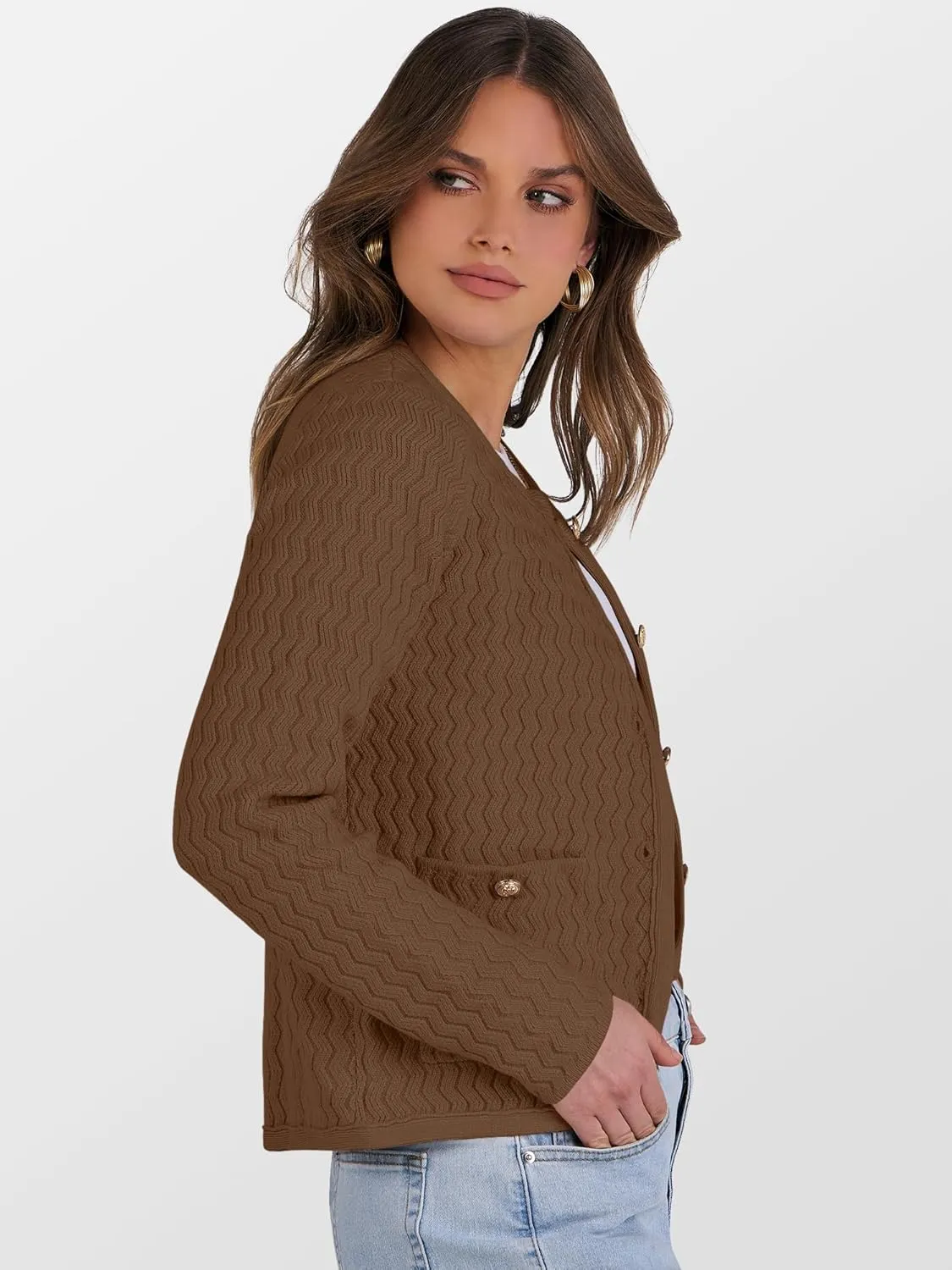 Caracilia Women's Cropped Cardigan Sweaters Open Front Button Down Dressy Casual Classic Knit Lady Jackets Spring Outerwear