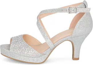 Chariot & Co Ginger-IIS - Girls/Kids/Childrens Rhinestone Shiny Strappy Open Toe Shimmer Ankle Strap Party/Wedding Sandal Platform Pumps - 2.5" Kitten Heel