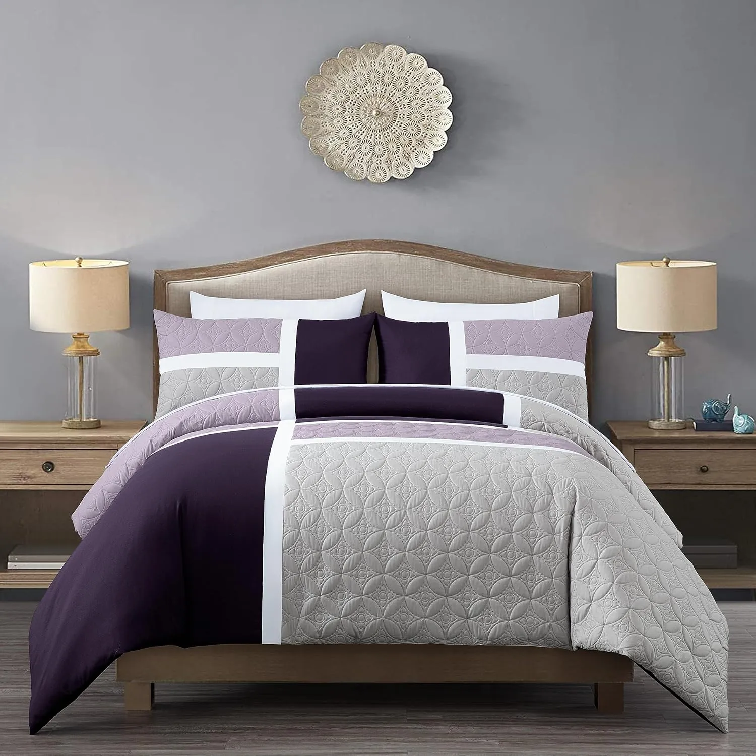 Chezmoi Collection Bernard 7-Piece Queen Bed in a Bag Comforter Set with Sheets - Lightweight Comforter Lavender Purple Gray Patchwork Quilted Medallion Bedding Set for All Season