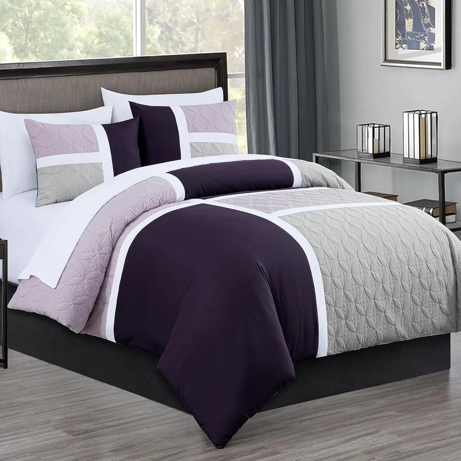 Chezmoi Collection Bernard 7-Piece Queen Bed in a Bag Comforter Set with Sheets - Lightweight Comforter Lavender Purple Gray Patchwork Quilted Medallion Bedding Set for All Season