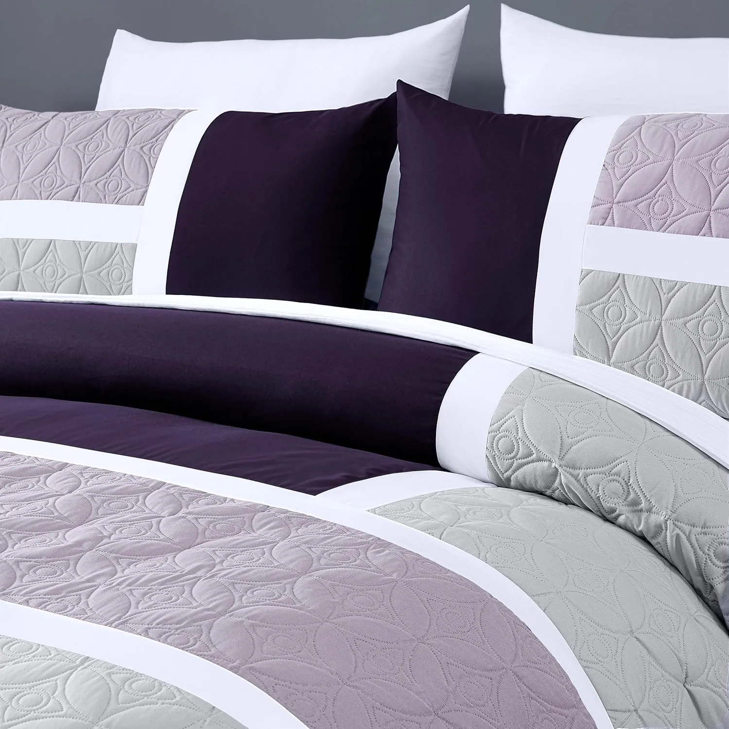 Chezmoi Collection Bernard 7-Piece Queen Bed in a Bag Comforter Set with Sheets - Lightweight Comforter Lavender Purple Gray Patchwork Quilted Medallion Bedding Set for All Season