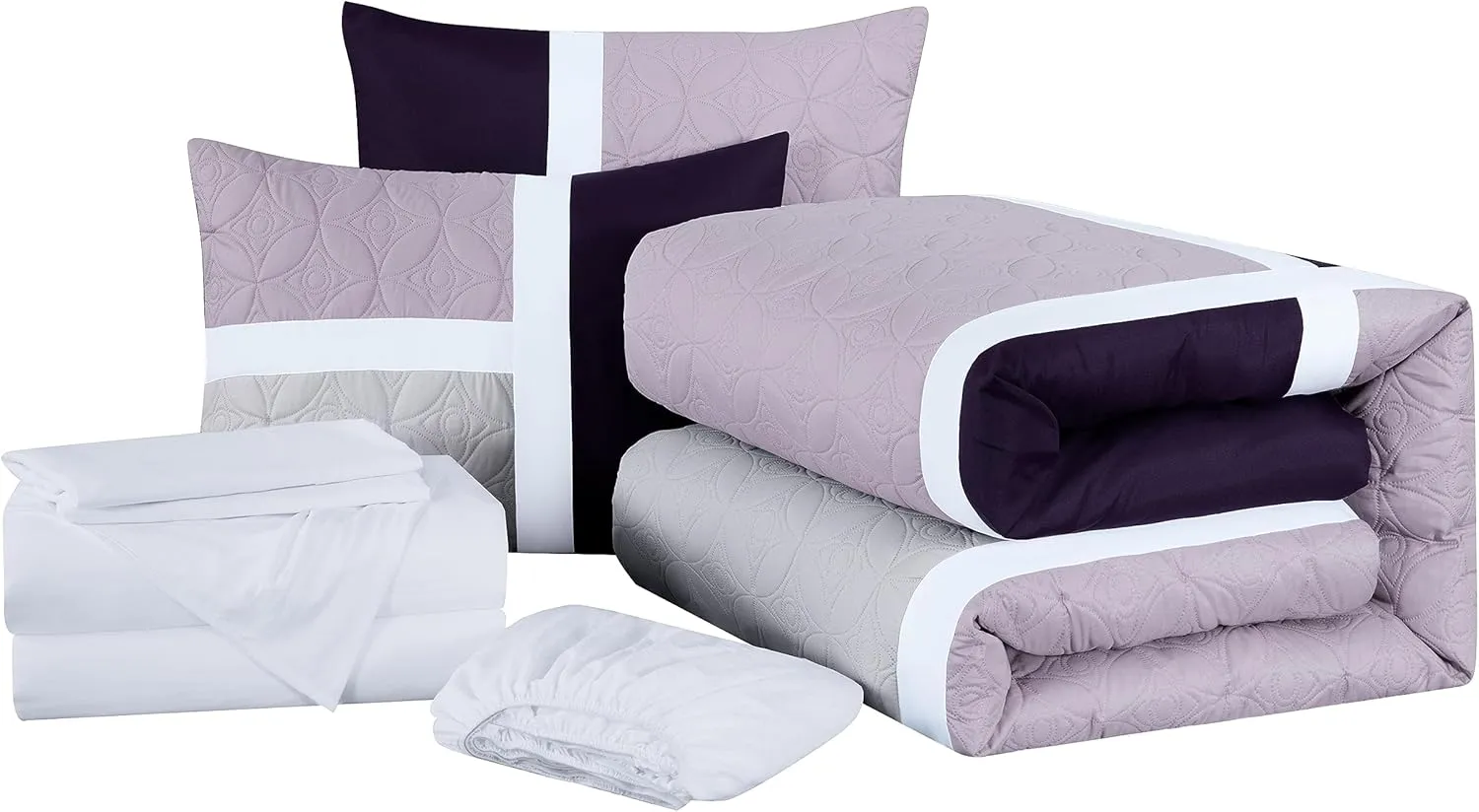 Chezmoi Collection Bernard 7-Piece Queen Bed in a Bag Comforter Set with Sheets - Lightweight Comforter Lavender Purple Gray Patchwork Quilted Medallion Bedding Set for All Season