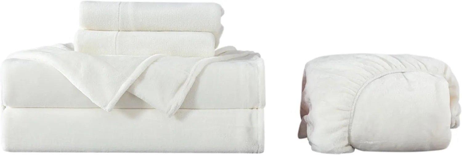 Chezmoi Collection Extra Soft Fleece Sheet Set Queen, Microplush Non-Pilling Velvety Bed Sheet, Deep Pocket - Lightweight All Season Warmth, Queen, Dove White