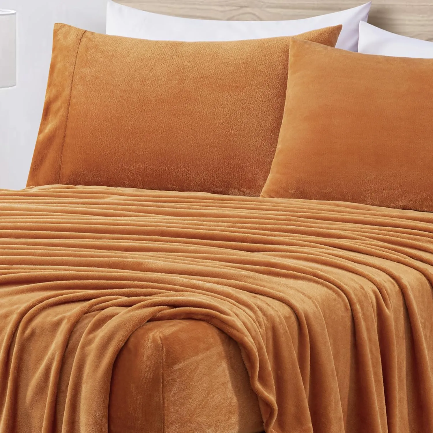 Chezmoi Collection Extra Soft Fleece Sheet Set Queen, Microplush Non-Pilling Velvety Bed Sheet, Deep Pocket - Lightweight All Season Warmth, Queen, Marigold