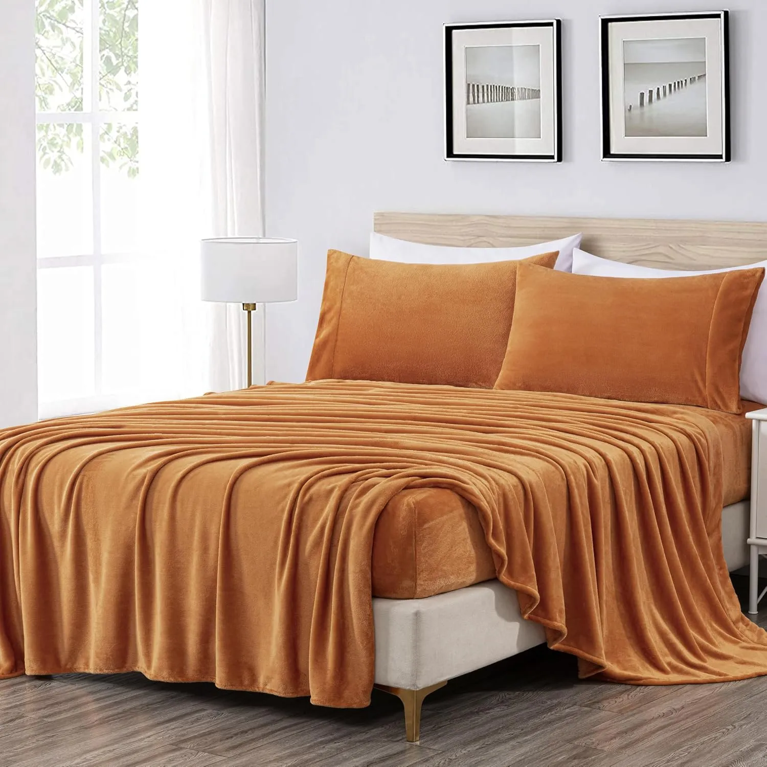 Chezmoi Collection Extra Soft Fleece Sheet Set Queen, Microplush Non-Pilling Velvety Bed Sheet, Deep Pocket - Lightweight All Season Warmth, Queen, Marigold