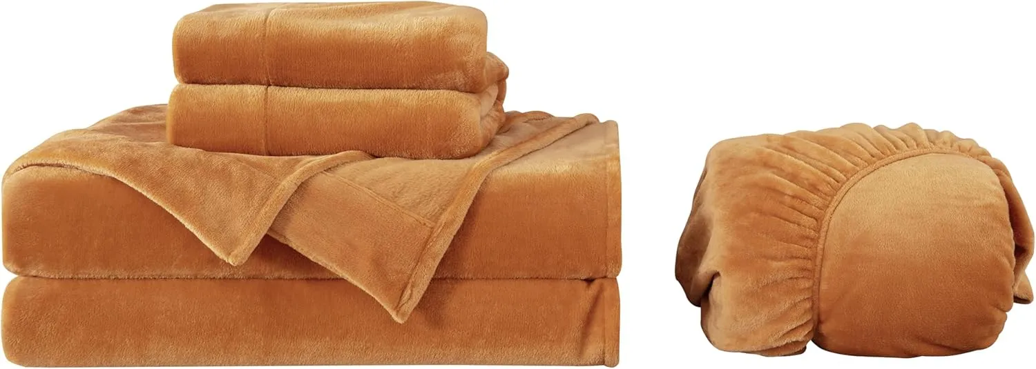 Chezmoi Collection Extra Soft Fleece Sheet Set Queen, Microplush Non-Pilling Velvety Bed Sheet, Deep Pocket - Lightweight All Season Warmth, Queen, Marigold